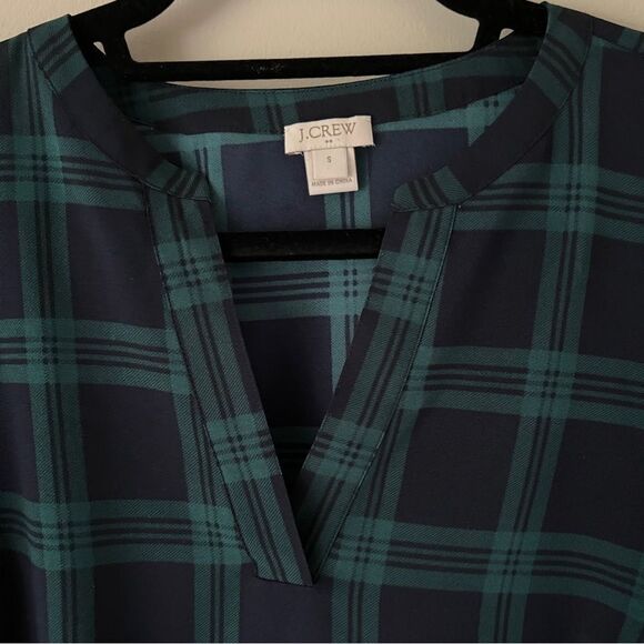 J. Crew Navy Green Tartan Plaid Semi Sheer V Neck 3/4 Bell Sleeve Blouse Small - Picture 7 of 8